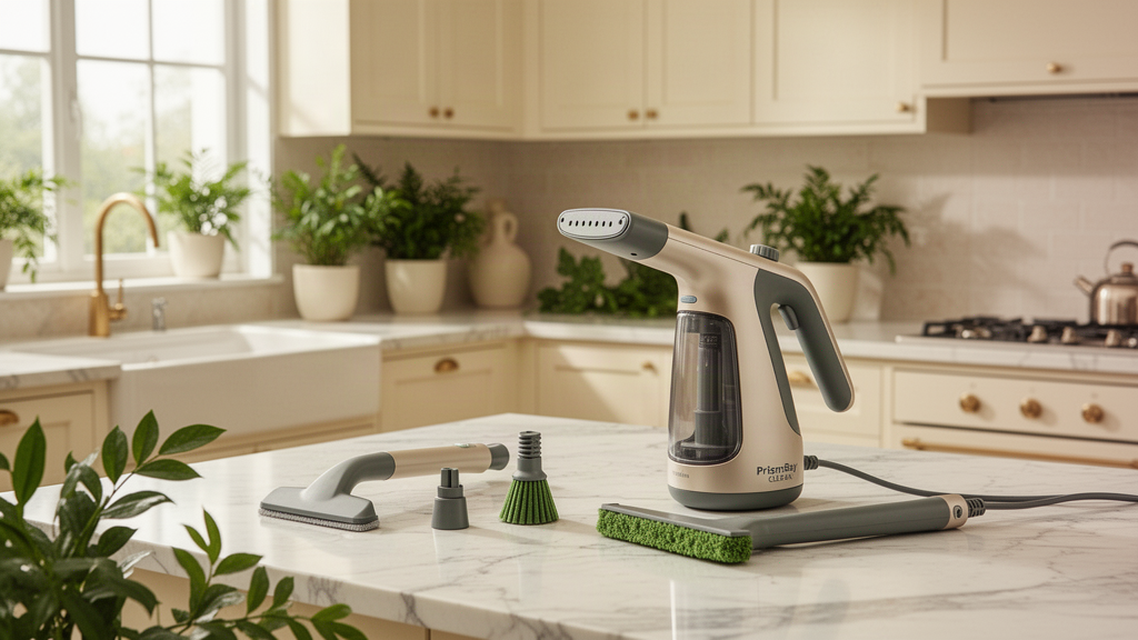 Practical cleaning tools arranged in a bright home setting